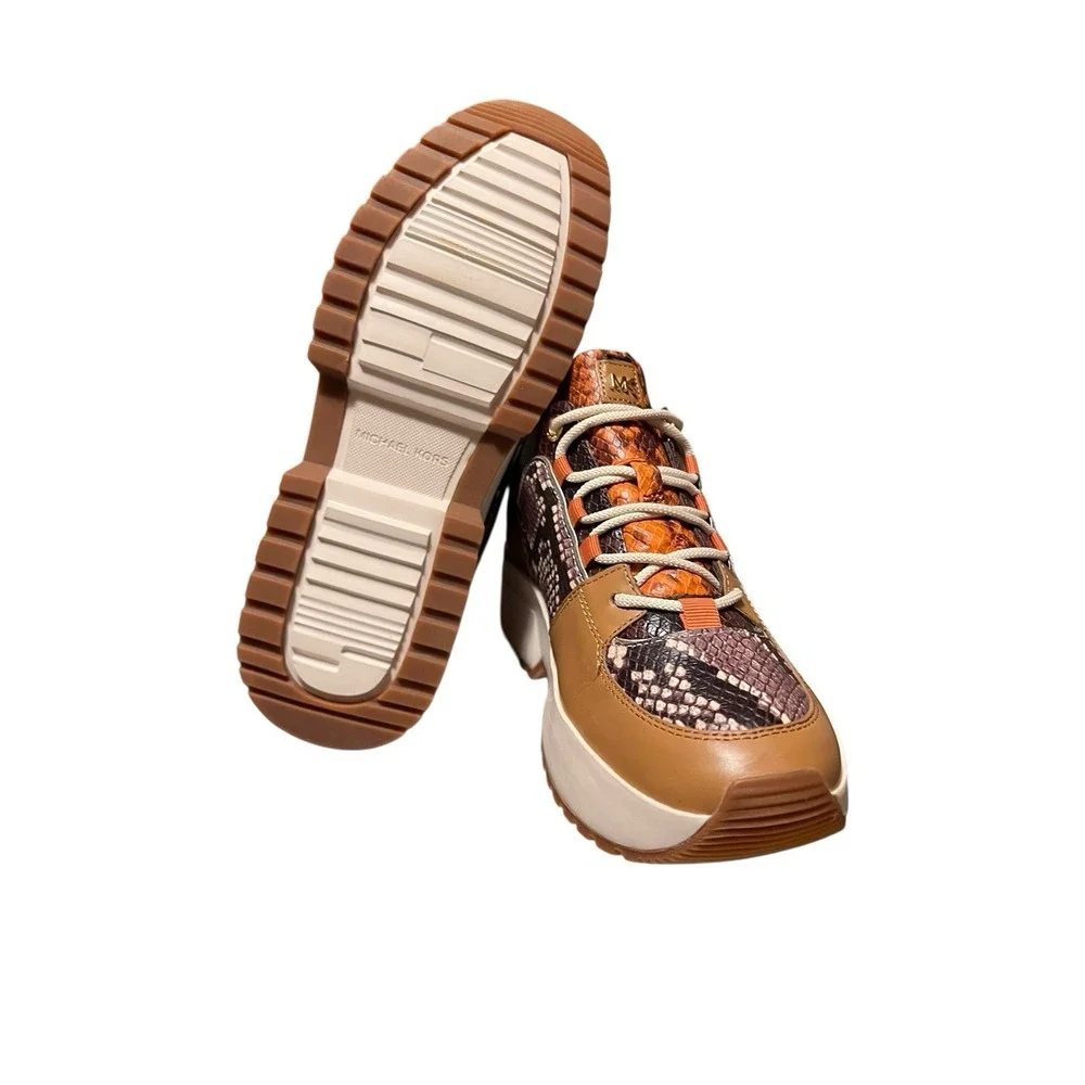NWB Michael Kors Cosmo Woman's Sneakers Animal Snake Print Brown Gold Tan Sz‎ 9